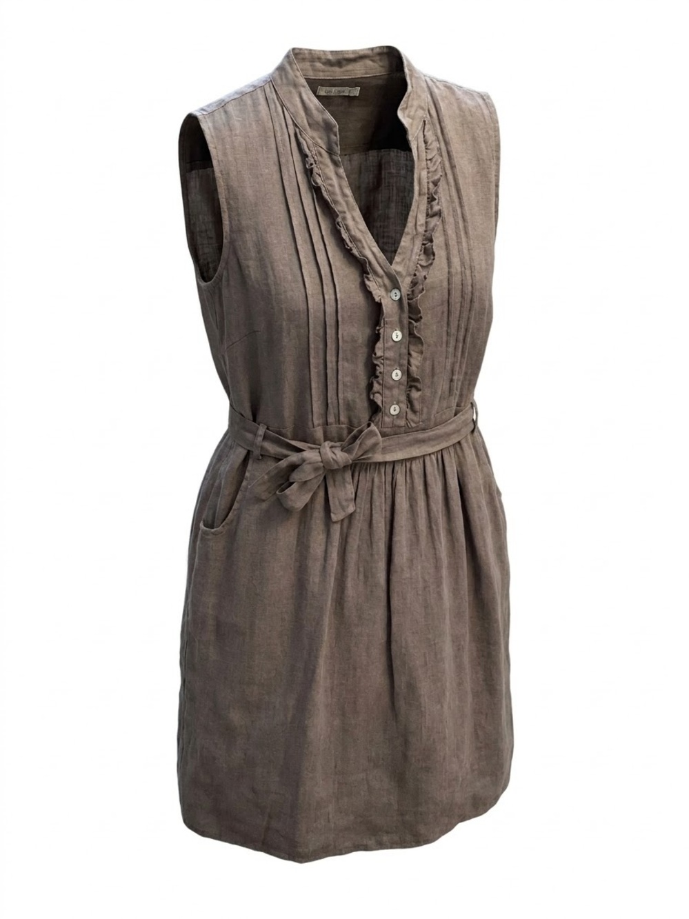 Lina Tomei 100% Linen Sleeveless Ruffle Front Dress With Tie Waist Size Large